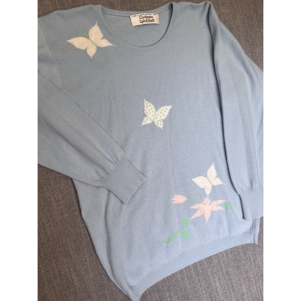 Lyle & Scott Scotland Cashmere Sweater Blue Floral Women's 38/97 Vintage - Picture 2 of 9